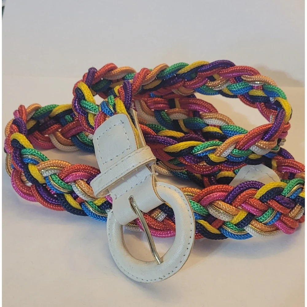 Vintage Belt Rainbow Braided Nylon White Buckle Tip Boho Retro